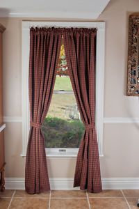 Burgundy Applique Star Window Panels Homespun Primitive Red Check Plaid Curtains