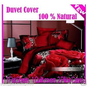 Red Brown Big Rose Flower Cotton Queen Size Bedding Set Quilt Duvet Cover 4pcs