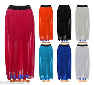 Womens Long Maxi Dress Skirt Ladies Sheer Chiffon Gypsy Plain Long 6 8 10 12 14