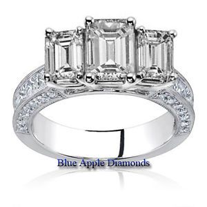 2 10 Carat Three Stone Emerald Cut Diamond Engagement Ring 18K GIA D E SI1 SI2