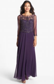 $298 12 J Kara Beaded Illusion Bodice Mesh Gown Plum Mother of The Bride
