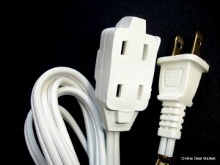 12' White Extension Power Cord 2 Prong 3 Outlet Indoor