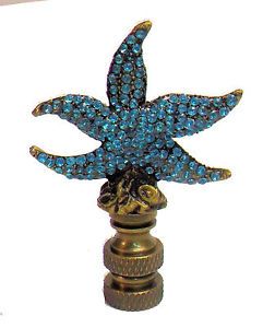 Lamp Parts Antique Brass Starfish Lamp Shade Finial w Aegean Blue Glass