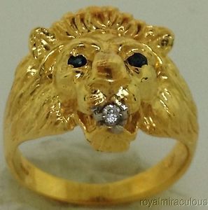Mens Ring Lion Head Diamond Ruby in Sterling Silver or Gold Plated Silver
