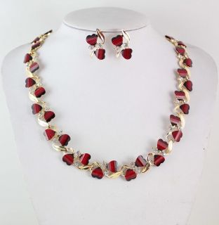 Hot Red Garnet Ruby Topaz 18K Silver Gold Plated Necklace Earrings Set