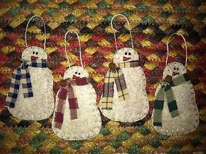 Set of 4 Primitive Christmas Ornaments Snowmen with Scarves SM