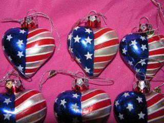 Patriotic Red White Blue Heart Shaped Christmas Ornaments Lot 12 Holiday Decor