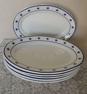 Vintage Set of 6 Homer Laughlin Hotel China Blue Star Pattern Oval Dinner Plates