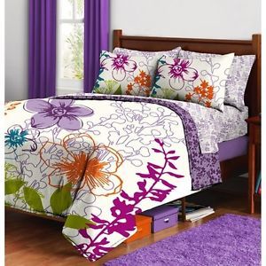 Purple Flowers Comforter Sheets Sham Set Dorm Teen Kids Room Girls Bedding Room