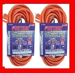 2 Two 25' Foot Outlet Electrical Extension Power Cord