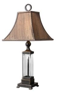 Bronze Metal Glass Base Brown Square Shade Table Lamp