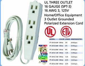 3 Outlet 3 Prong Extension Cord UL Listed 16 Gauge