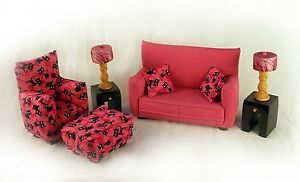 Barbie Doll Furniture 9 Piece Living Room Set Pink Pink Cats Print Handmade
