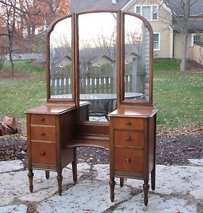 Beautiful Antique Walnut Dressing Table Vanity with Triple Mirrors