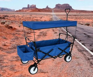 Blue Outdoor Folding Wagon Canopy Garden Utility Travel Cart Large Beach Tires