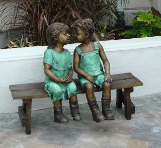 Bronze Statue Sculpture of Children Boy Girl on Garden Bench Lifesize
