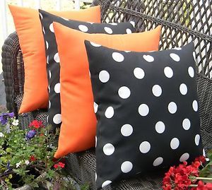 Set of 4 Halloween Harvest Fall Black Polka Dot Orange Solid Outdoor Pillows