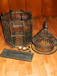 Antique Vtg Chinese Wood Bird Cage Large 26" Pull Out Drawer Feeders Label