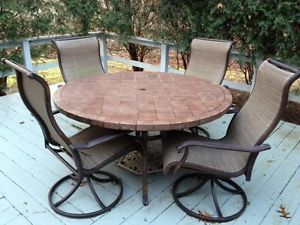 Outdoor Dining Set Tile Top Patio Table with 6 Sling Chairs Umbrella Stand