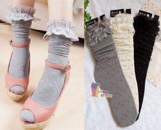 Women Girl Fashion Lace Ruffle Frilly Ankle Knee High Socks Two in One