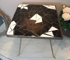 German Mid Century Small Table Mosaic Plant Stand with Hairpin Brass Legs