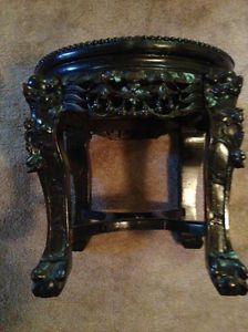Vintage Chinese Export Hardwood Marble Wood Carving Plant Stand Table H 17 5"