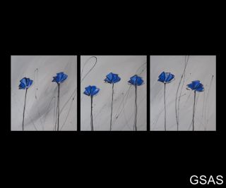 3 Abstract Canvas Painting Blue Grey Poppies Modern Wall Art Artwork