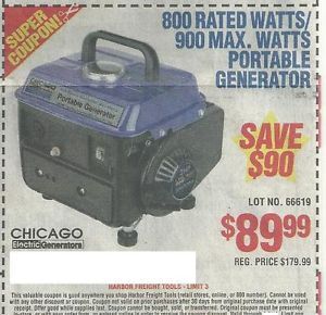 Harbor Freight Coupon for 800 Rated Watts 900 Max Watts Portable Generator