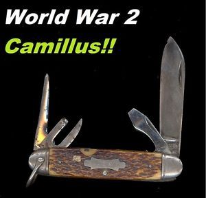 Old Vtg 1940s Camillus 4 Line US Army Utility Camp Knife Bone Handle