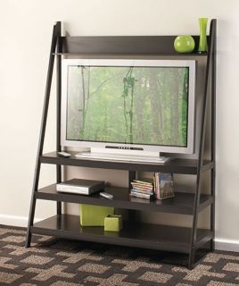 Black Ladder TV Stand Wooden Entertainment Flat Screen Storage Unit with Shelves