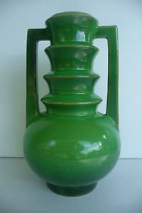Vintage Art Deco Roseville Futura "Emerald Urn" Art Pottery Handled Vase 389 9"