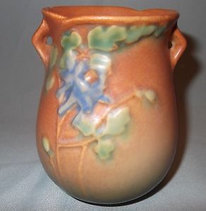 1940's Vintage Roseville Pottery Columbine Pattern Handled Vase 12 4"