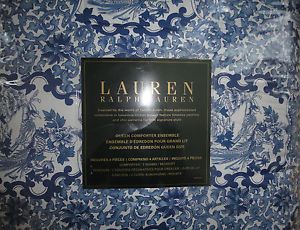 Ralph Lauren Porcelain Blue White Floral Stripe Queen Comforter Shams Set 4pc