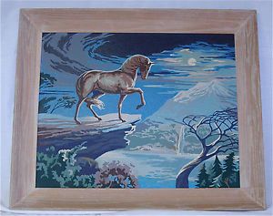 Vtg Paint by Number 50's 60's Horse Mid Century Modern Blue Framed Painting
