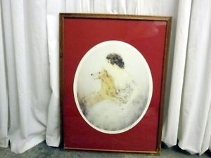 Antique Print by Louis Icart French Art Deco Drawing of Lady Dog w Mat Frame