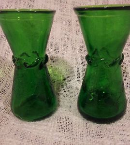 Vtg Crackle Art Green Glass 2 Small Bud Vases w Scroll Work 4" Tall