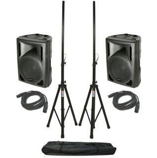 Gemini DJ Pro Audio 2 DRS 12P Powered 800W 12" PA Speaker Stands XLR Cables