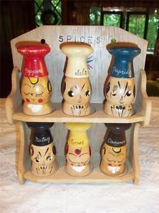 Vintage 1950 Wood Salty Peppy Chef Spice Rack Set Shakers Salt Pepper Excl Cond