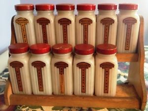 Vintage Griffith's Purified Spice Milk Glass Bottles with Wooden Rack