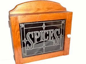 Cornwall Crafted Oak Wood Wall Cabinet Spice Rack Black Glass Door Vintage 16x16