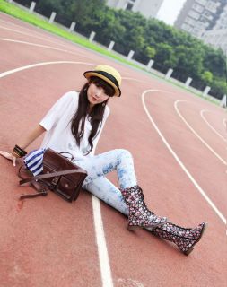 Womens Girls Floral Fashion Mid Calf Canvas Lace Up Boots Sneakers