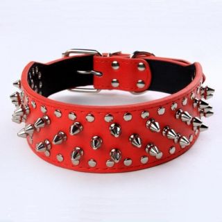 Dog Collar Leather Studded Spiked Pitbull German Shepherd Collar Red Brown
