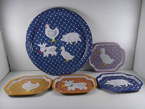 Five Decorative Metal Serving Trays 1 Large 4 Small Chicken Cow Pig and Duck