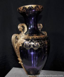 Pair Glass French Empire Vases Urns Hand Painted Gold Leaf Arabesques