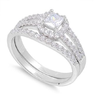 1 2 Ct Princess Cut CZ Halo Sterling Silver Two Piece Wedding Ring Set Bridal