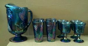 Indiana Blue Harvest Grape Carnival Glass Pitcher 4 Water Goblets 4 Glasses