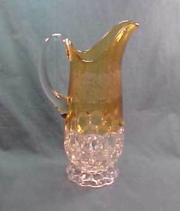 Amber Stained Etched Hexagon Block Early American Pattern Glass Water Pitcher