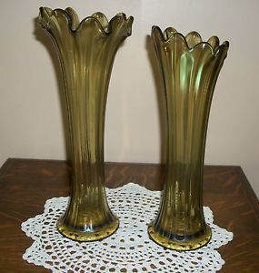 Two Matching Vintage Iridescent Carnival Glass Vases