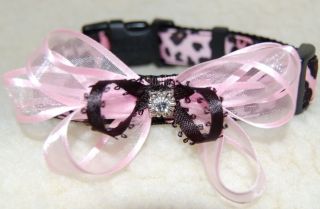Dog Collar Leash Set Pink Black Leopard w Swarovski Crystal