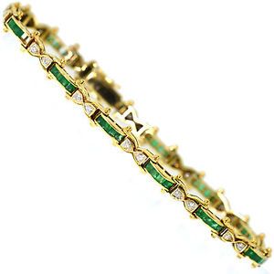 2 Ct Colombian Emerald Diamond Tennis Bracelet 14k Yellow Gold Square Cut Estate
